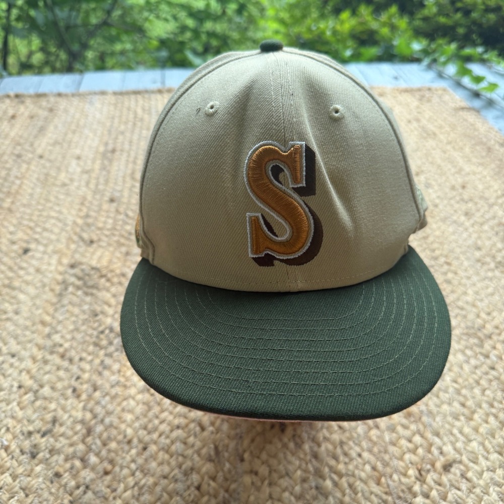 New Era Seattle Mariners 30th Anniversary Fitted Hat Tan Green Sz 8 Y2K vintage